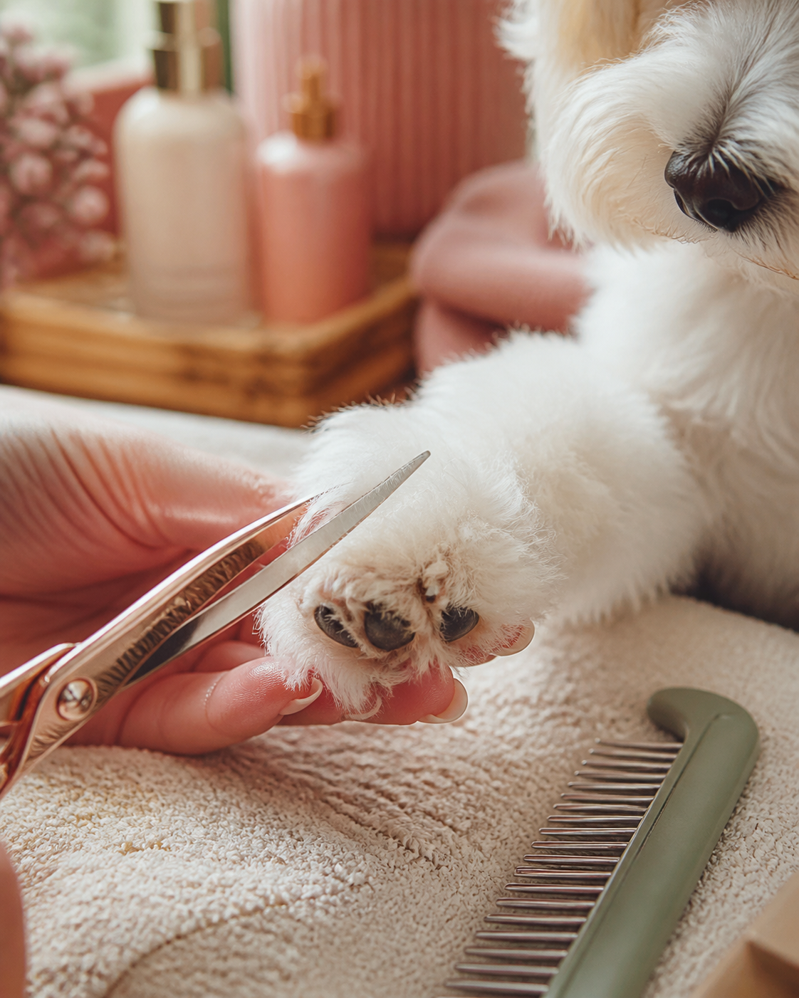 Detail van zachte vachtverzorging bij een kleine hond