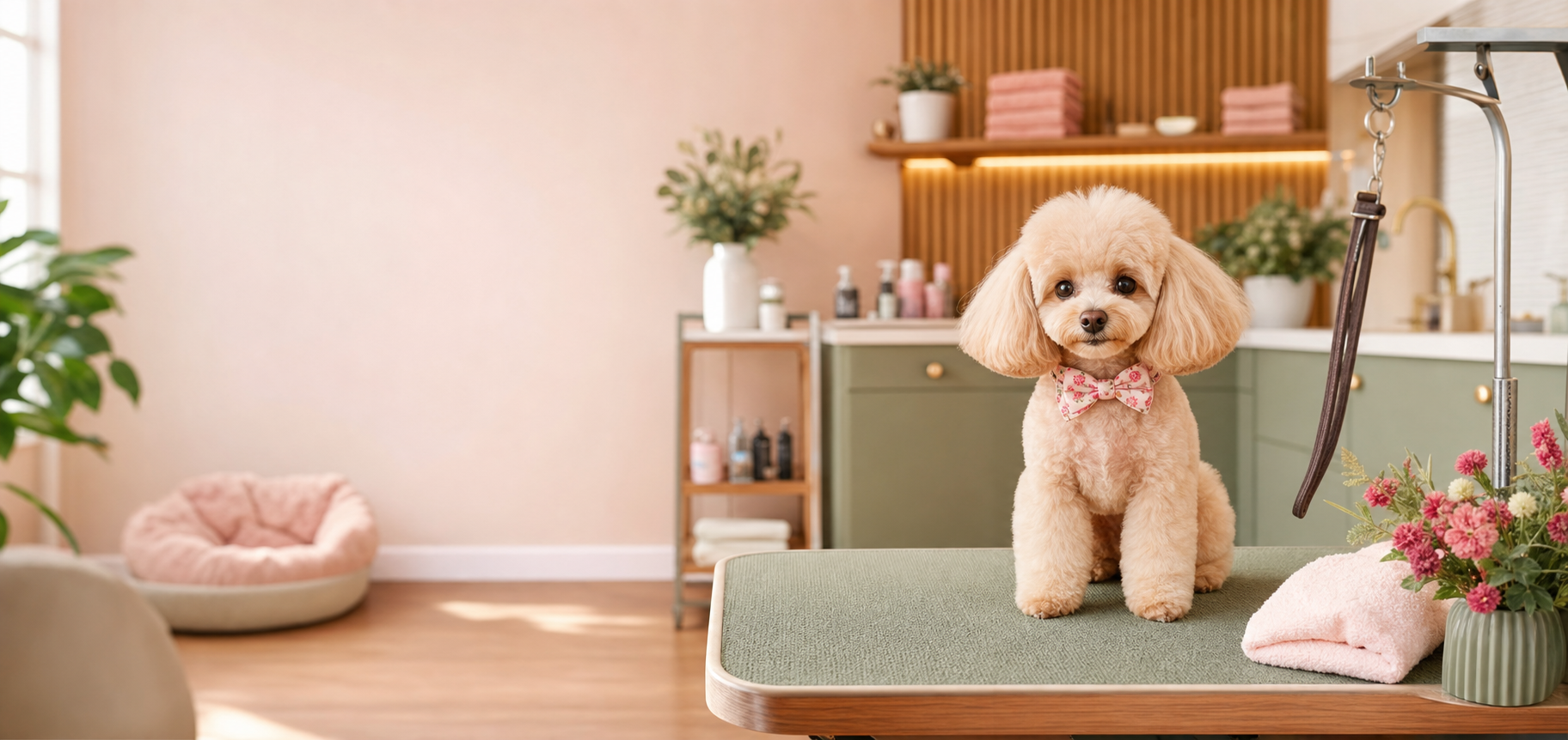 Kleine hond in een warme boutique trimsalon