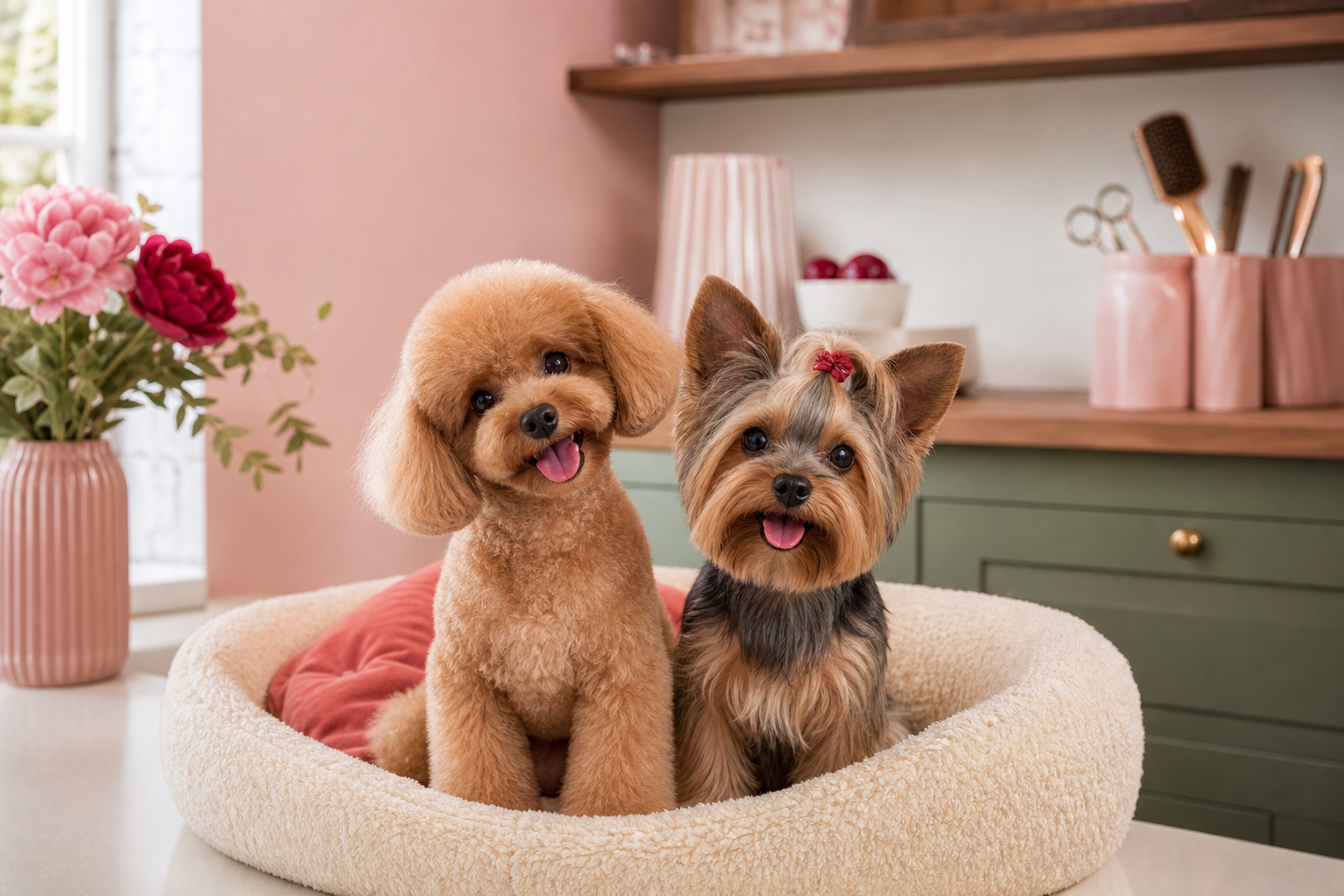 Twee kleine honden na hun trimbeurt bij Petite Paws